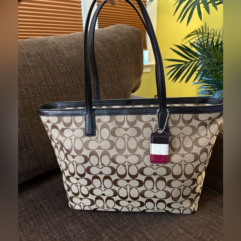 Coach Signature Canvas Work Tote Brown Leather Trim Zip Laptop Bag